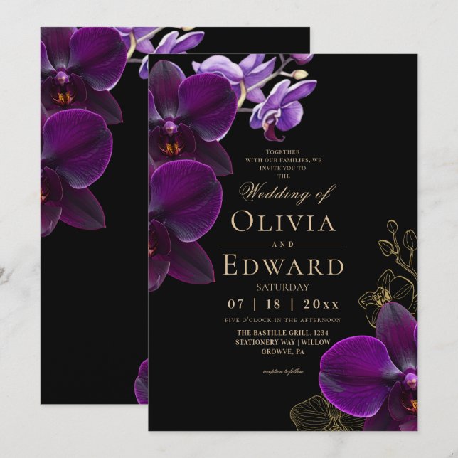 Moody Black Purple Bloom Orchid Wedding Invitation (Front/Back)