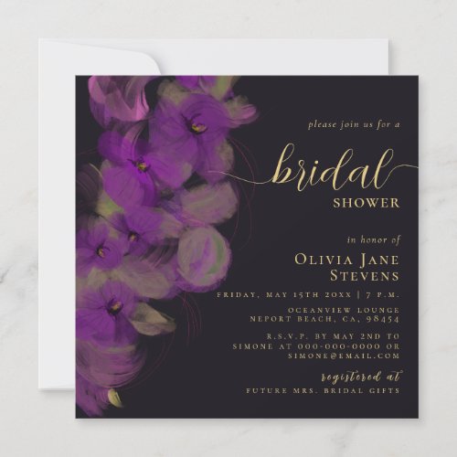 Moody Black Purple Orchids Wreath Bridal Shower Invitation