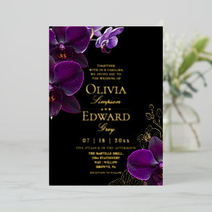 Moody Black Purple Tropical Bloom Orchid Wedding Foil Invitation