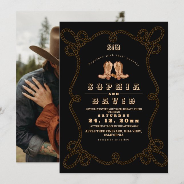 Moody Black Rustic Western Wedding  Invitation (Front/Back)