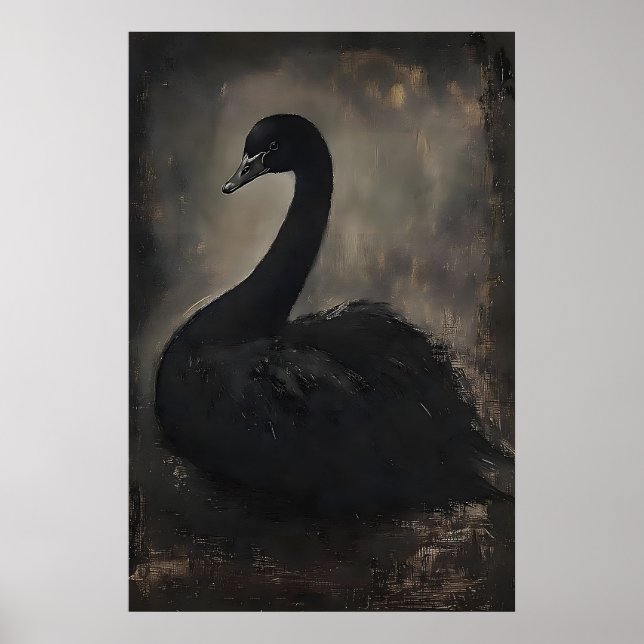 Moody black swan print, swan portrait wall print (Front)