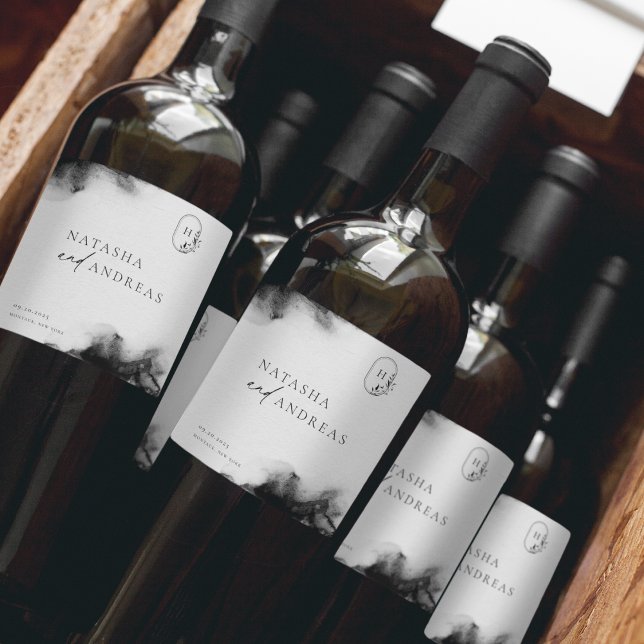 Moody Black Watercolor Minimalist Wedding Wine Label (Creator Uploaded)