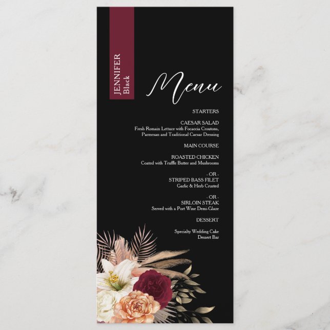 Moody Black Wedding Menu with Guest Name (Front)