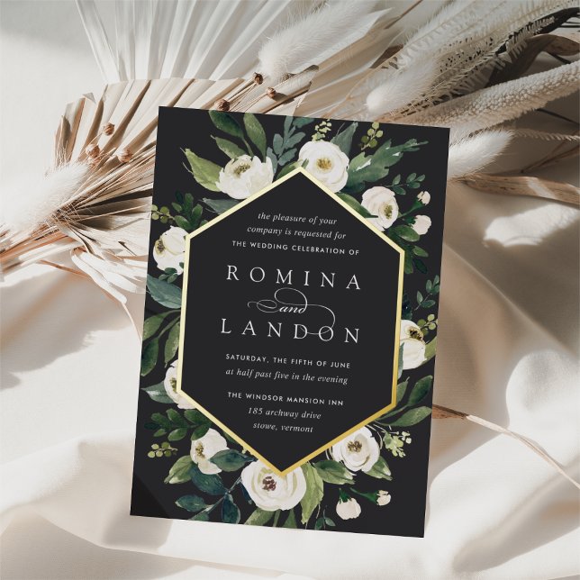 Moody Black & White Floral Wedding Foil Invitation (Creator Uploaded)