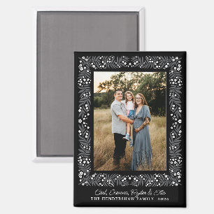 Moody Black White Folk Art Floral Frame and Text Magnet