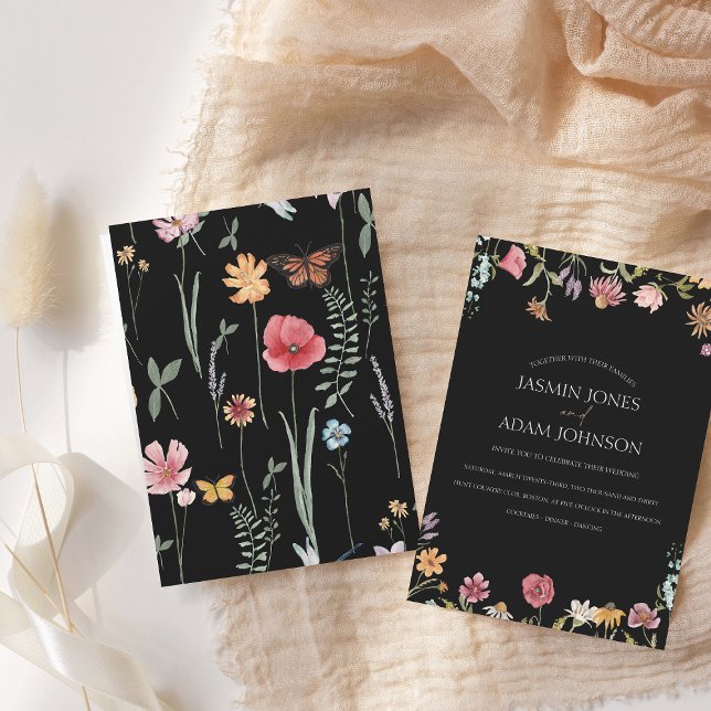 Moody Black Wildflower Rustic Floral Wedding Invitation (Creator Uploaded)