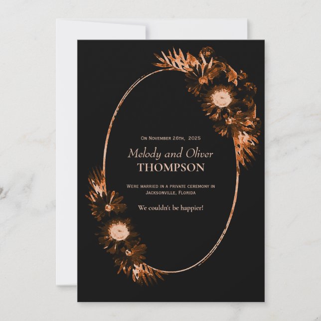 Moody Black with Burnt Orange Floral Post-Wedding Announcement (Front)