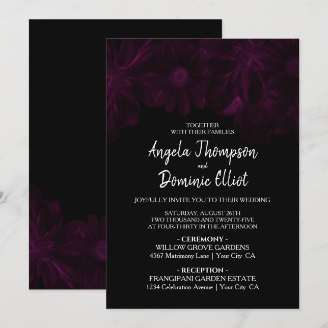 Moody Black with Pink Floral Wedding  Invitation (Front/Back)