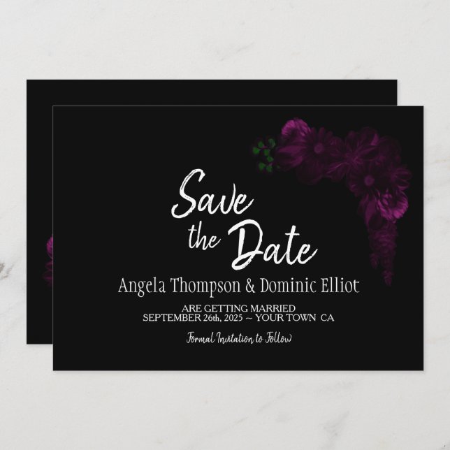 Moody Black with Pink Floral Wedding Save the Date (Front/Back)