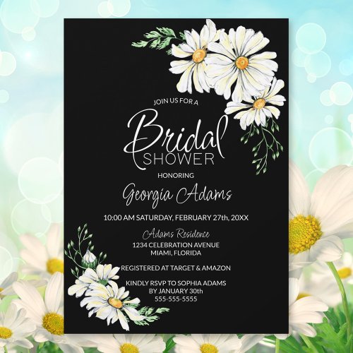 Moody Black with White Daisies Bridal Shower Invitation