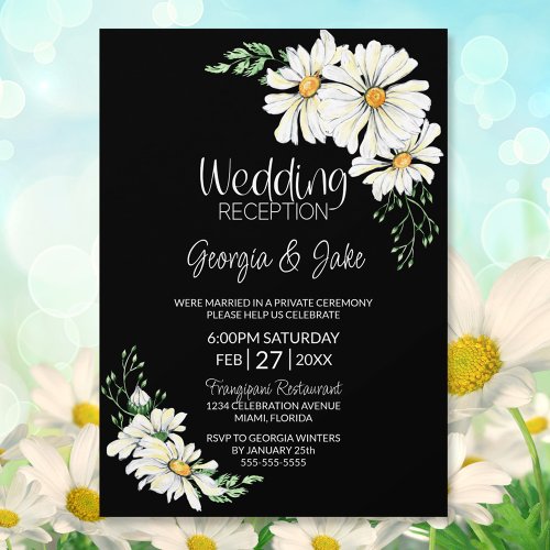 Moody Black with White Daisies Wedding Reception Invitation