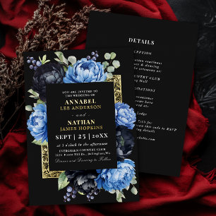 Moody Blue and Black Elegant Floral Wedding Foil Invitation