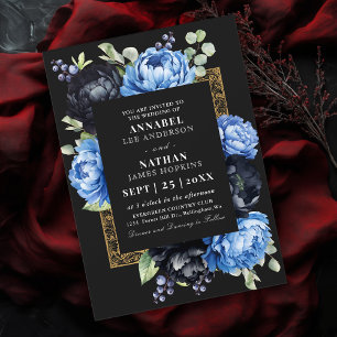 Moody Blue and Black Elegant Floral Wedding  Invitation