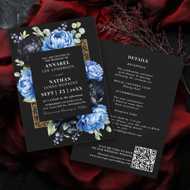 Moody Blue Black Elegant Floral Wedding QR Code Invitation (Creator Uploaded)