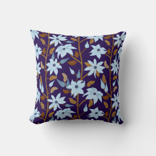 Moody Blue Clematis Trailing Floral Pattern Throw Pillow