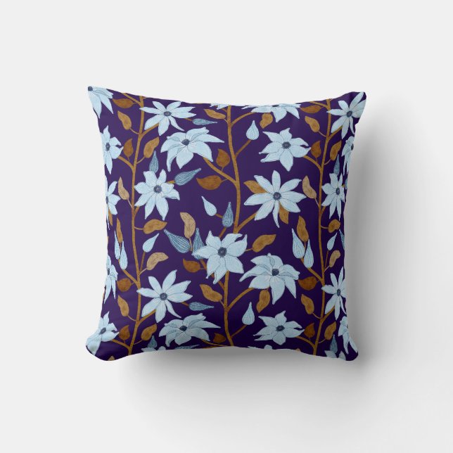 Moody Blue Clematis Trailing Floral Pattern  Throw Pillow (Front)
