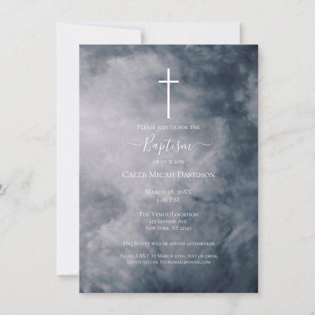 Moody Blue Clouds Celestial Cross Baptism  Invitation (Front)
