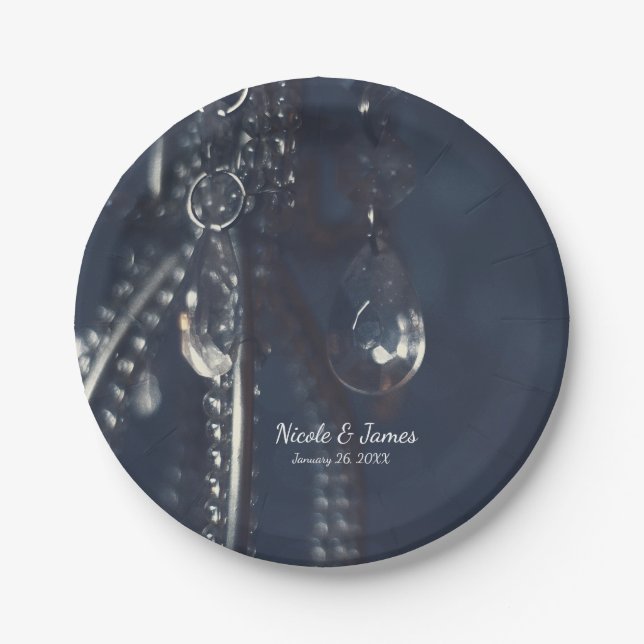 Moody Blue Crystal Elegant Romantic Chic Wedding Paper Plates (Front)