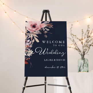 Moody Blue Dusty Pink Floral Wedding Welcome Sign