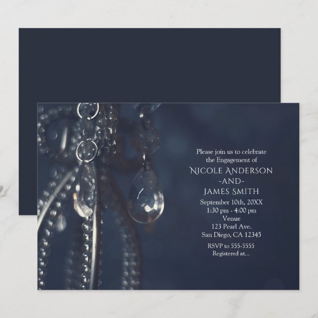 Moody Blue Elegant Crystal Engagement Invitations (Front/Back)