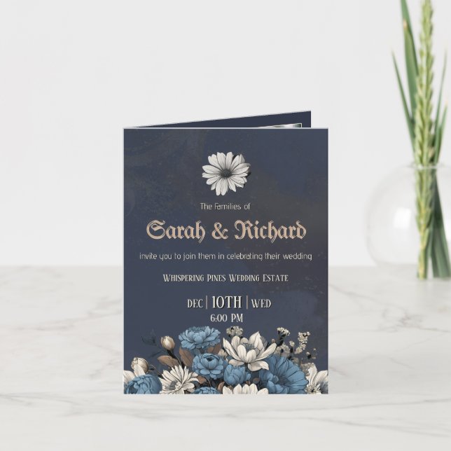 Moody Blue Floral Custom Photo Wedding  Invitation (Front)