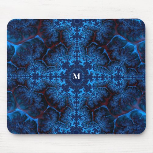 Moody Blue Fractal Filigree with Your Monogram  Mouse Pad