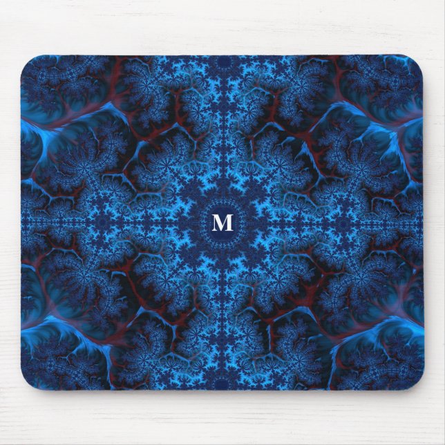 Moody Blue Fractal Filigree with Your Monogram  Mouse Pad (Front)