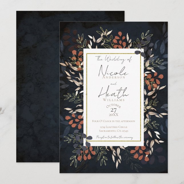 Moody Blue Gold Bold Botanical Leaves Wedding  Invitation (Front/Back)