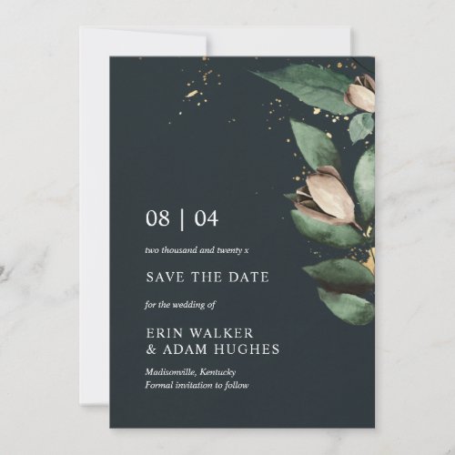 Moody Blue Gold Greenery Botanical Watercolor  Save The Date