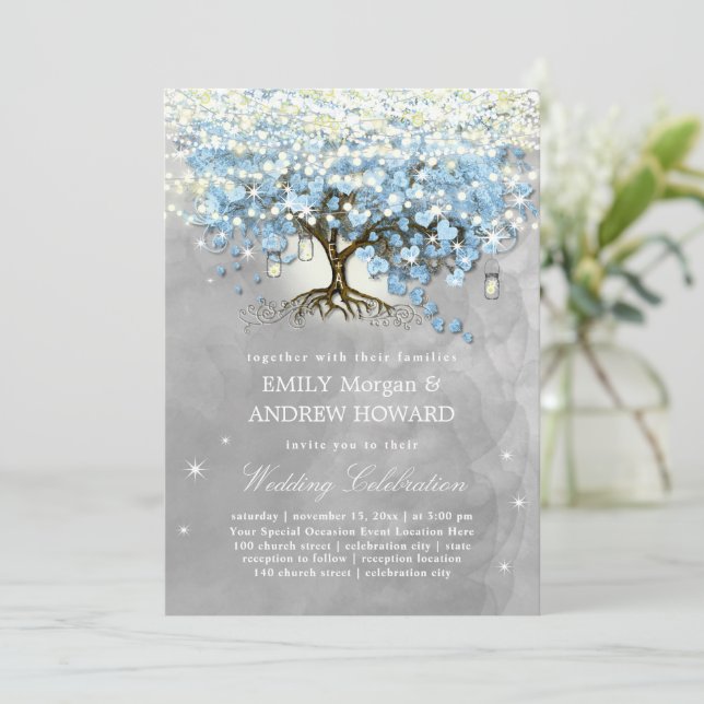 Moody Blue Gray Silver Heart Leaf Tree Wedding Invitation (Standing Front)