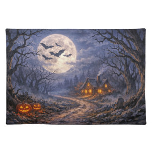 Moody Blue Halloween Moonlit Cottage Scene Cloth Placemat