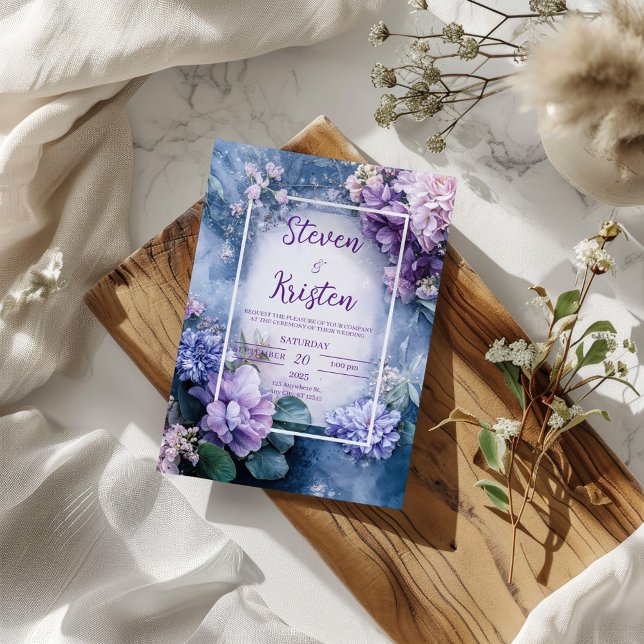 Moody Blue Mauve Lilac Floral Eucalyptus Wedding Invitation (Creator Uploaded)