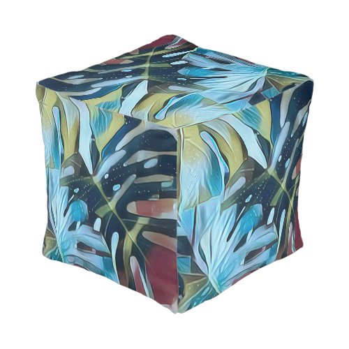 Moody Blue Monstera Leaves Botanical Pattern Pouf