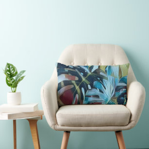 Moody Blue Monstera Leaves Botanical Theme Lumbar Pillow