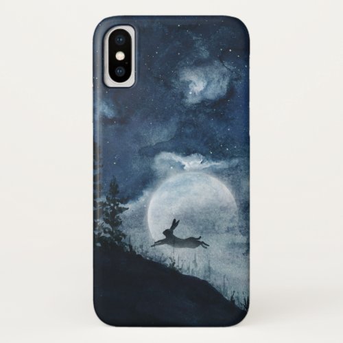 Moody blue night sky full moon hare silhouette iPhone x case