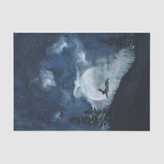 Moody blue night sky hare full moon decoupage tissue paper (Front)