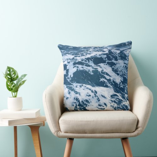 Moody Blue Ocean Waves Throw Pillow