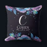 Moody Blue Purple Floral Monogram Throw Pillow<br><div class="desc">There is something super chic about the dark, moody vibe of this design. It stands out, yet is still subtle. The background is a very dark, deep blue-black, like the midnight sky. Fully customizable, from colors to fonts. Please don't hesitate to contact us if you would like a change that...</div>