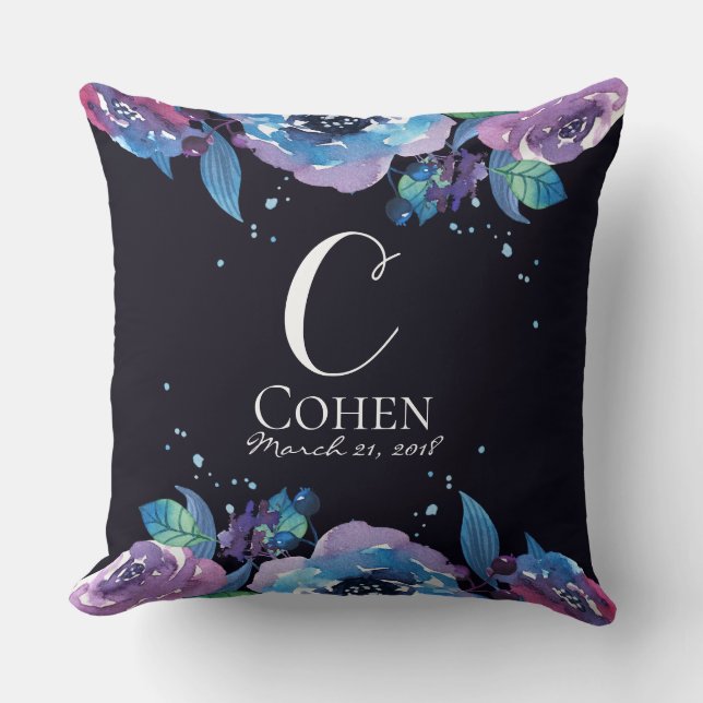 Moody Blue Purple Floral Monogram Throw Pillow (Front)