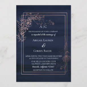Moody Blue Rose Gold Wedding Invitation