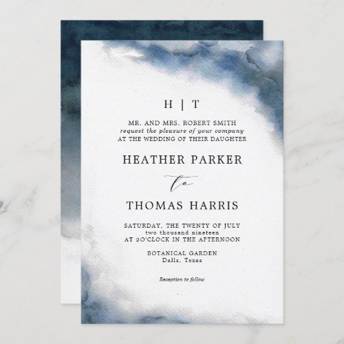 Moody Blue Watercolor Classic Elegant Wedding Invitation