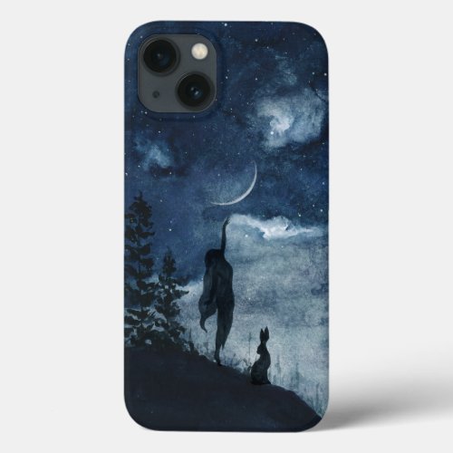 Moody blue watercolor moon goddess forest hare iPhone 13 case
