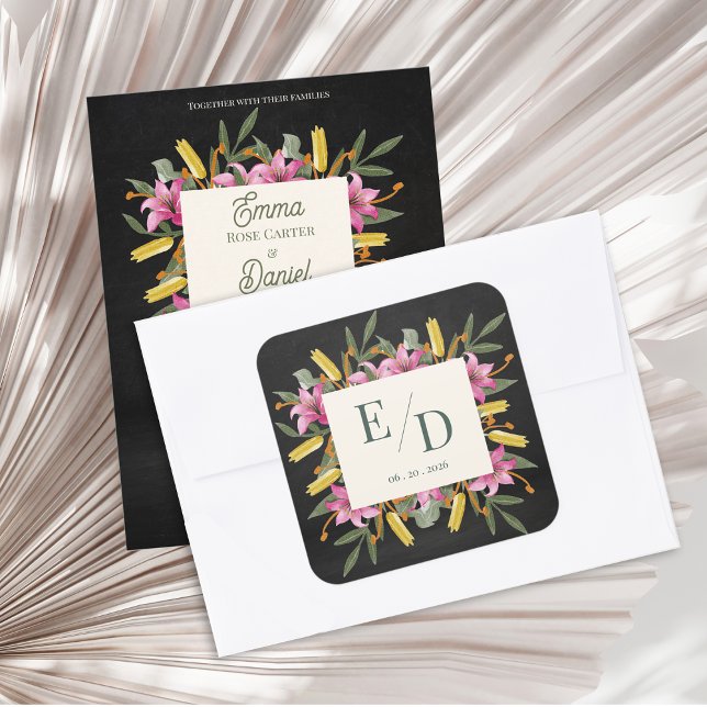 Moody Blush Lily Black Floral Monogram Wedding Square Sticker (Moody Blush Lily Monogram Wedding Sticker | Elegant Black Floral Custom Initials Seal)