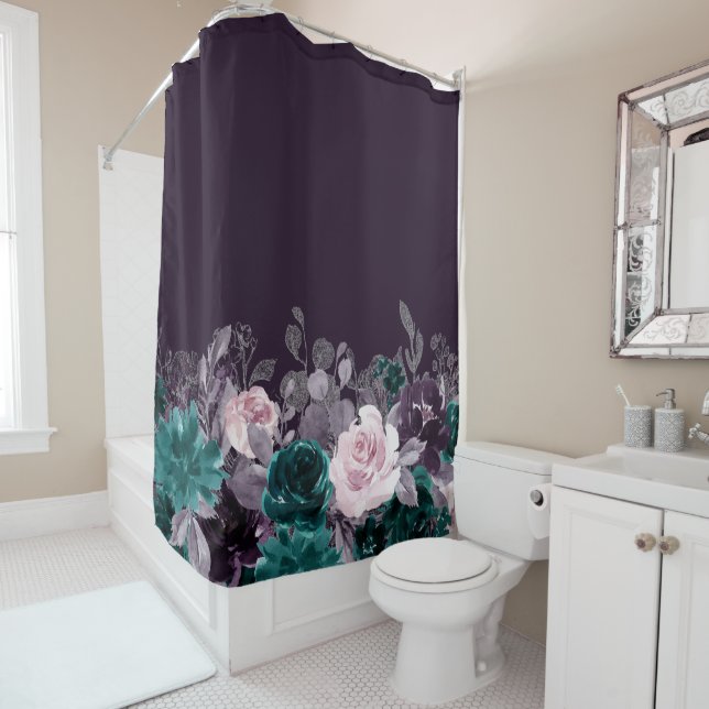 Moody Boho | Dark Eggplant Purple and Teal Floral Shower Curtain (In Situ)