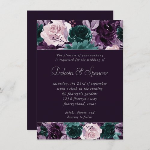 Moody Boho  Dark Eggplant Purple and Teal Garland Invitation