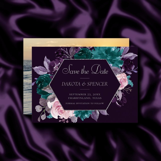 Moody Boho | Dark Eggplant Purple and Teal Photo Save The Date (Creator Uploaded)