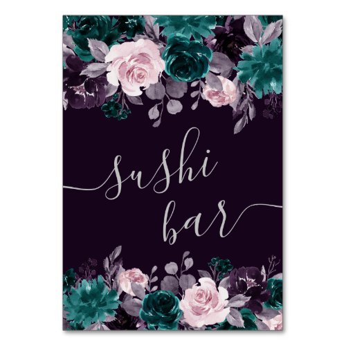 Moody Boho  Dark Eggplant Purple and Teal Sushi Table Number