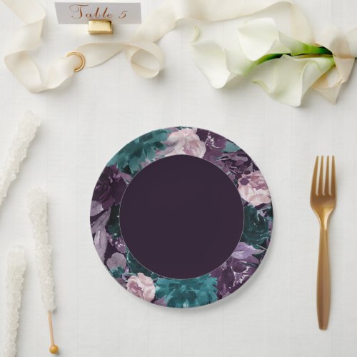 Moody Boho  Dark Eggplant Purple and Teal Wreath Paper Plates