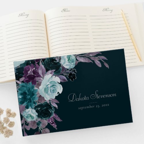 Moody Boho  Deep Teal and Eggplant Purple Bouquet Guest Book