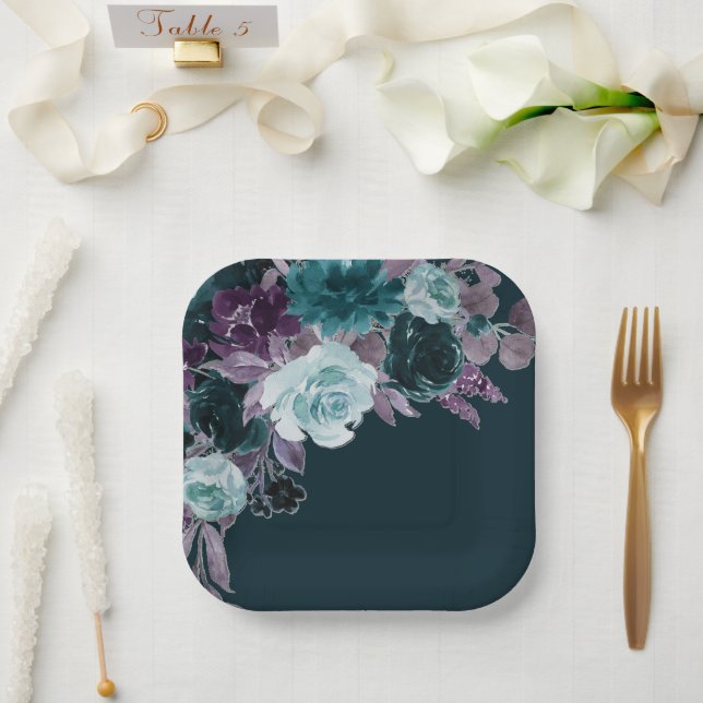 Moody Boho | Deep Teal and Eggplant Purple Bouquet Paper Plates (Wedding)